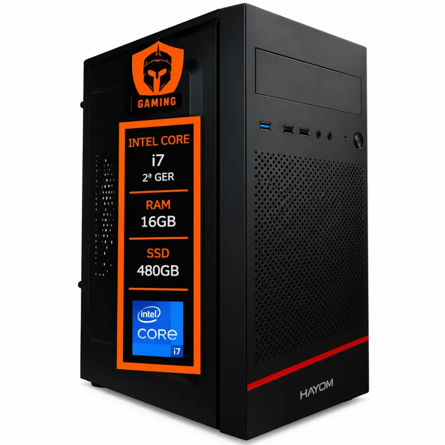 Computador Gaming Info preto com selo Intel Core i7 de 2ª geração, 16GB de RAM e SSD de 480GB