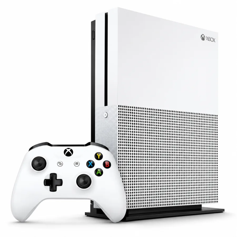 Console Xbox One S branco em pé com o controle sem fio ao lado