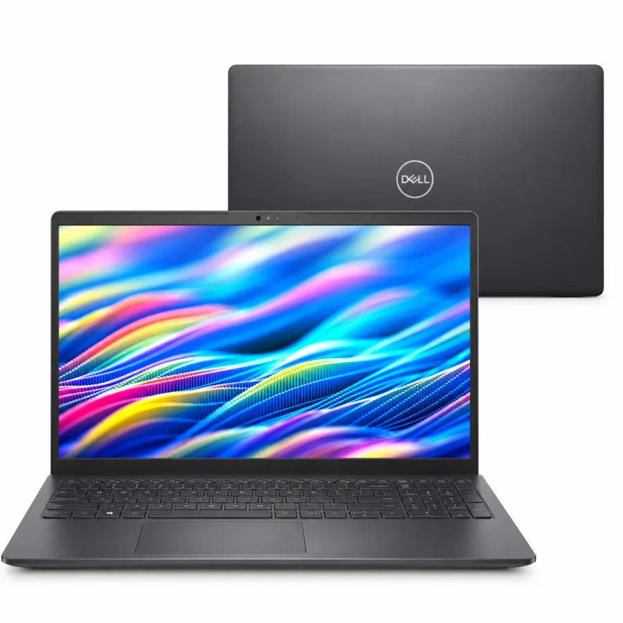 Notebook Dell 15 preto carbono aberto e a tampa fechada com o logotipo Dell