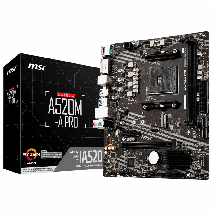 Placa-Mãe MSI A520M-A PRO AMD AM4 Micro-ATX DDR4 até 64GB M.2 NVMe HDMI 2.1 e DVI-D Suporte Ryzen 5000 Preta