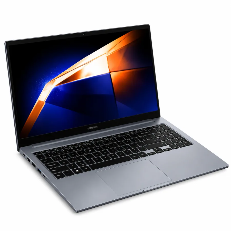 Notebook Samsung Galaxy Book4 grafite aberto em ângulo, mostrando a lateral e o teclado