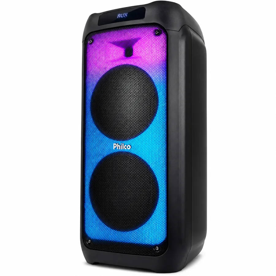 Caixa de som Philco PCX10101 Extreme em perspectiva com a iluminacao LED acesa
