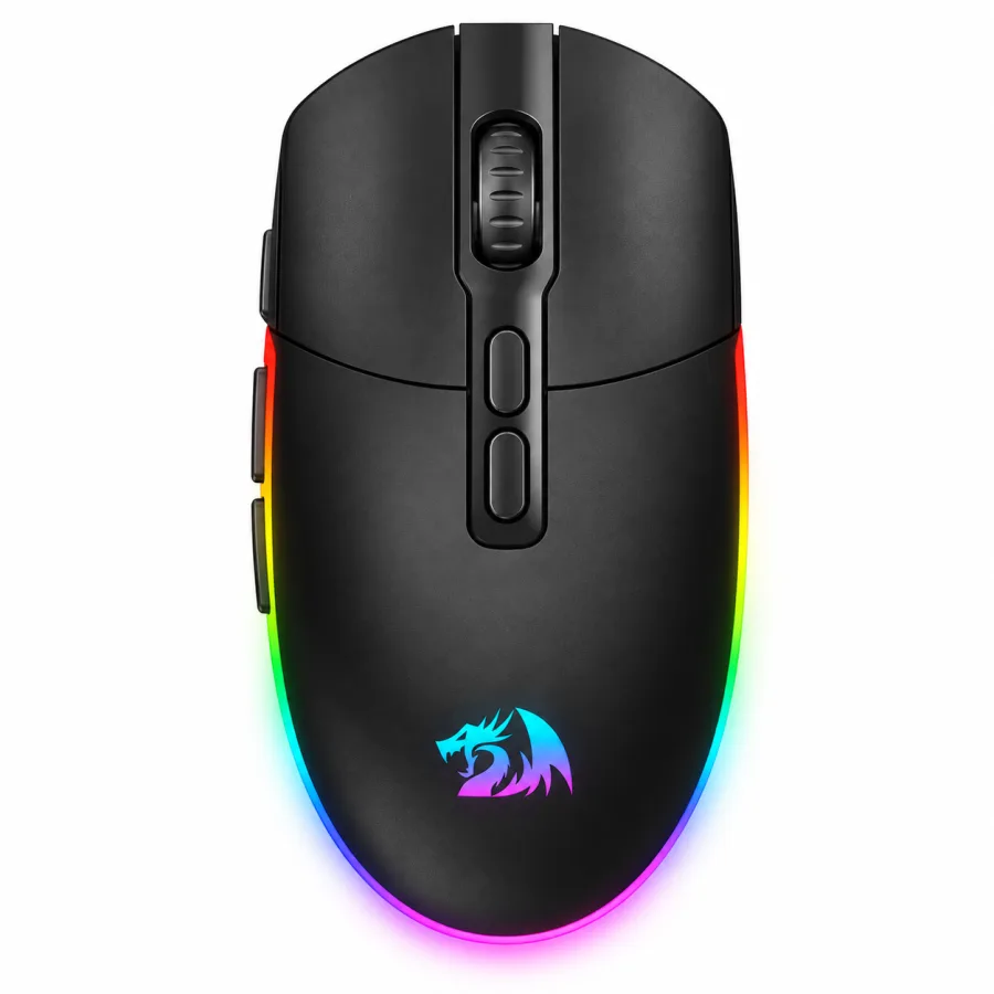 Mouse Gamer Sem Fio Redragon Invader Pro 91 g Sensor PixArt PMW3325 de 10000 DPI 8 Botões Switches Huano Blue Cabo Paracord Destacável RGB Preto