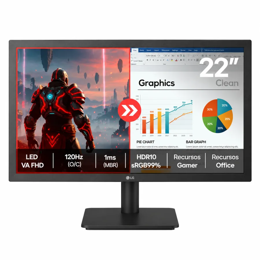 Monitor LG 22U403A-B 21.45" Full HD, 120Hz (O/C), 1ms MBR, Painel VA, 99% sRGB, HDR10, HDMI e VGA, Reader Mode, Preto