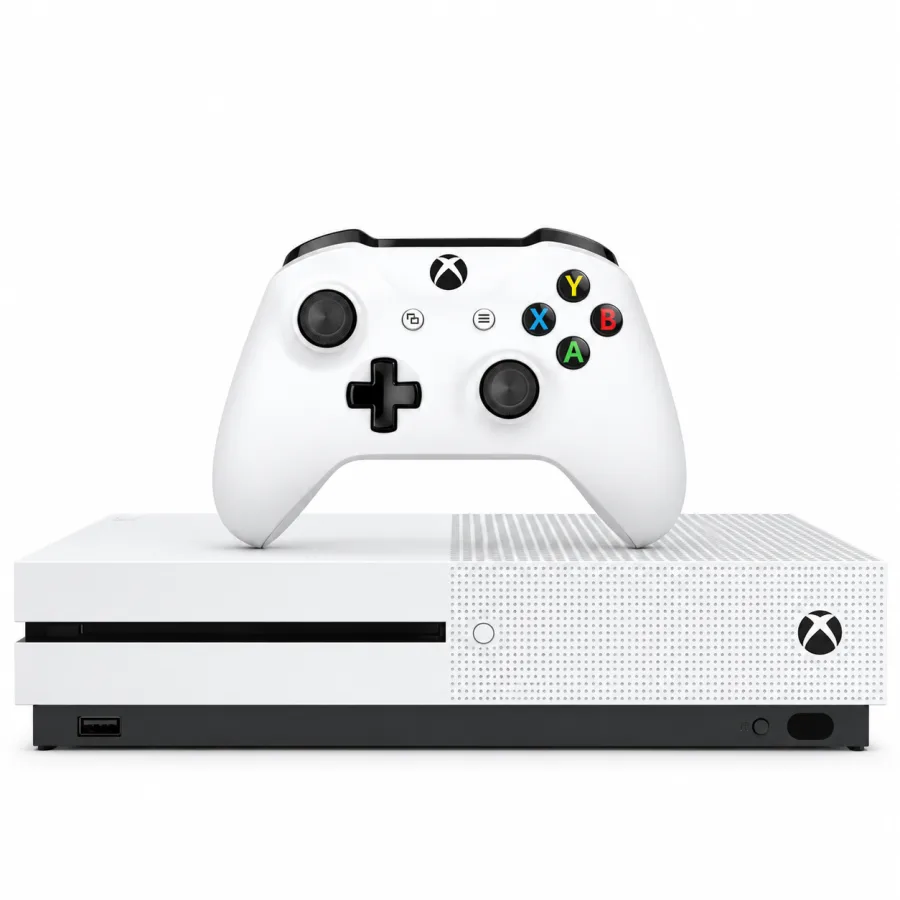 Console Xbox One S branco deitado com o controle sem fio em cima