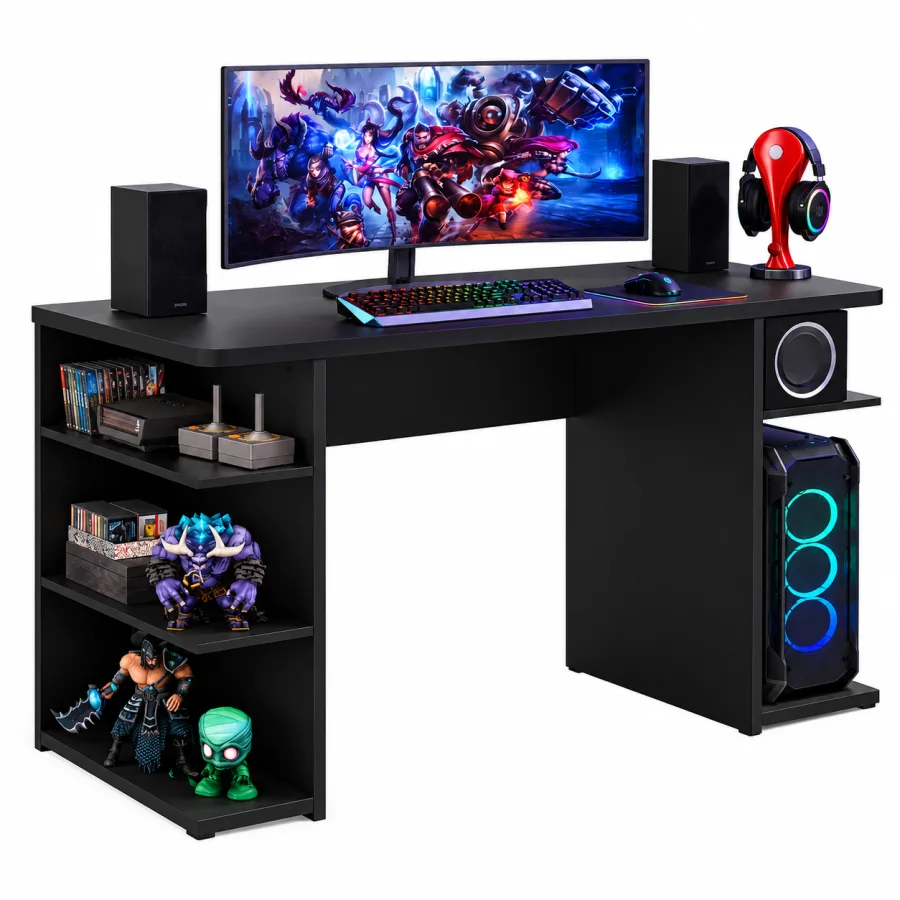 Mesa gamer Madesa 9409 preta com prateleiras e nicho para gabinete