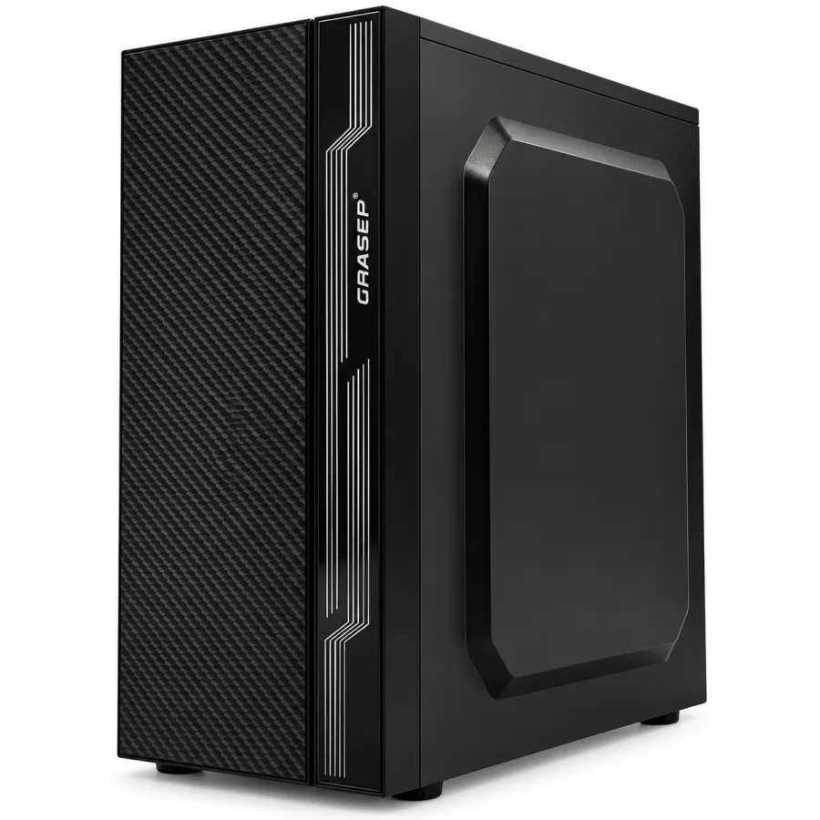 Computador Grasep D-PC5501 preto, vista frontal do gabinete