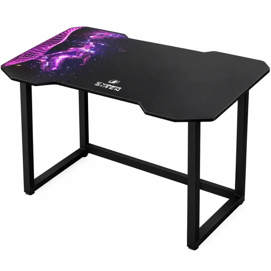 Mesa gamer Hayonik Cyber Siren preta com arte neon no tampo