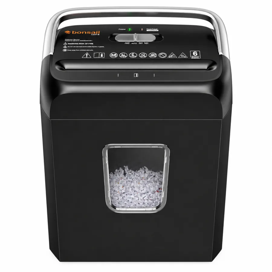 Fragmentador de Papel Bonsaii C237-B 6 Folhas Corte Cruzado P-4 com Cesto de 13 Litros e Alça, 220V, Preto