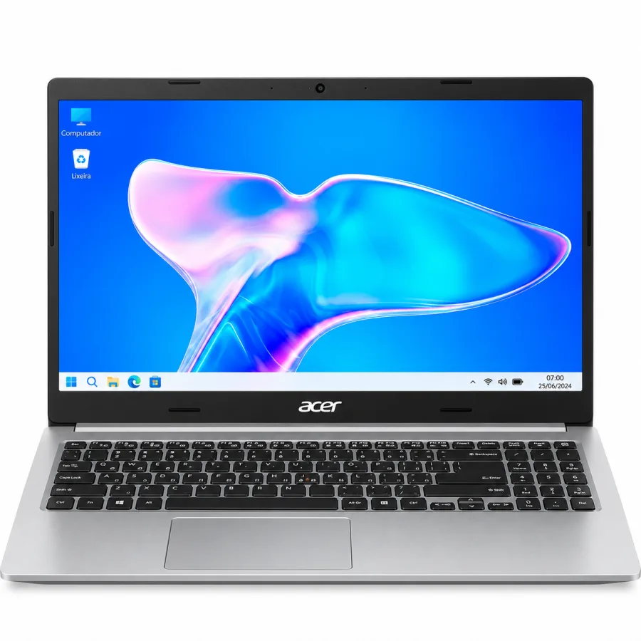 Notebook Acer Aspire 5 prata aberto, visto de frente com a tela ligada