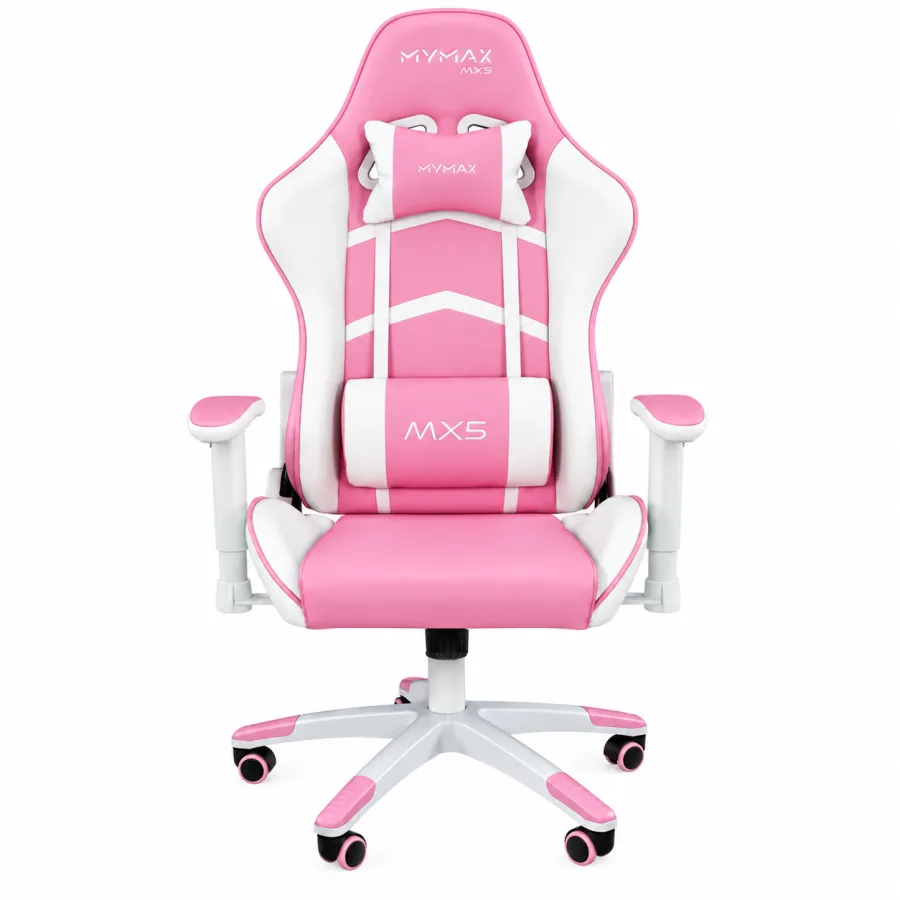 Cadeira gamer Mymax MX5 branca e rosa vista de frente