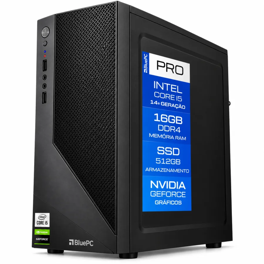 Computador BluePC Pro Intel Core i5-14400F 14ª Geração 10 Núcleos 16 Threads 16GB DDR4 3200MHz SSD 512GB Placa de Vídeo GeForce Fonte 500W