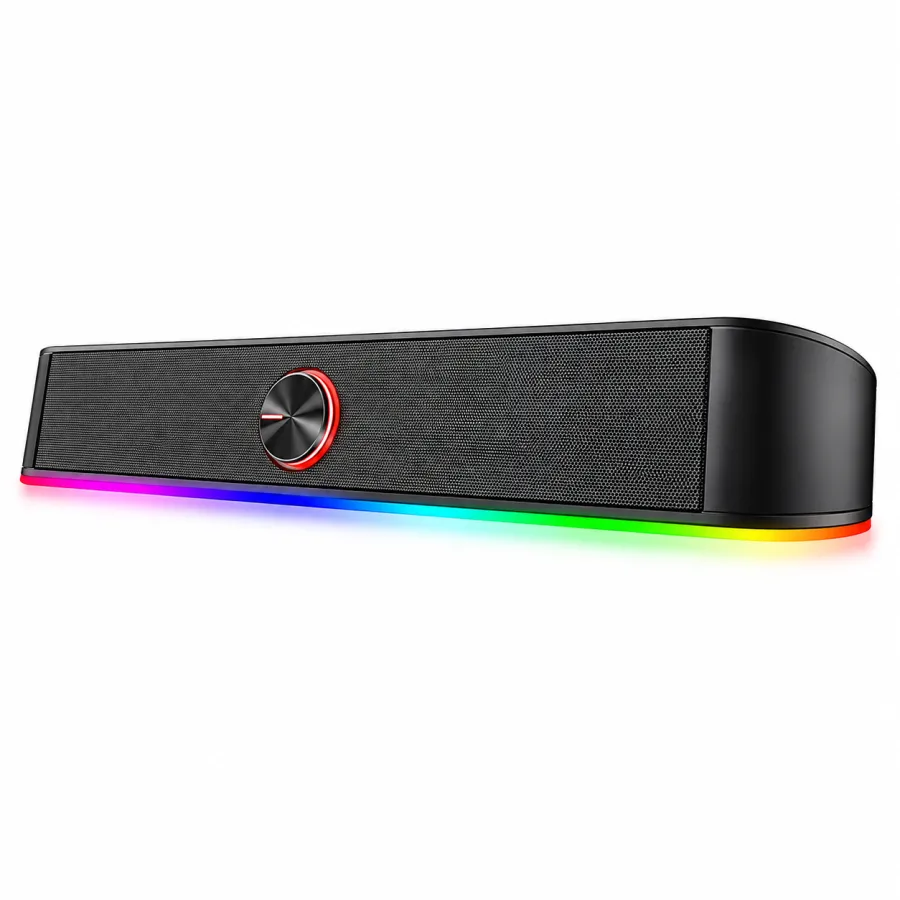Soundbar Gamer Redragon Adiemus GS560 em perspectiva com a iluminacao RGB acesa na base