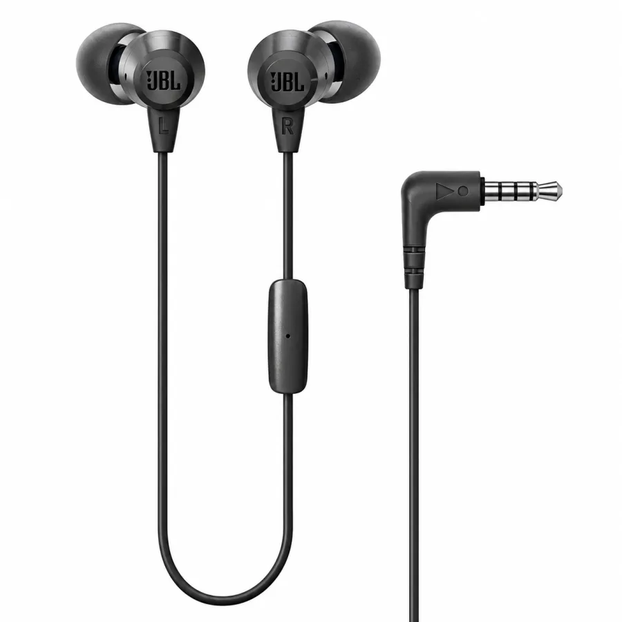 Fone JBL C50HI preto completo, com o controle no cabo e o plugue P2 em L