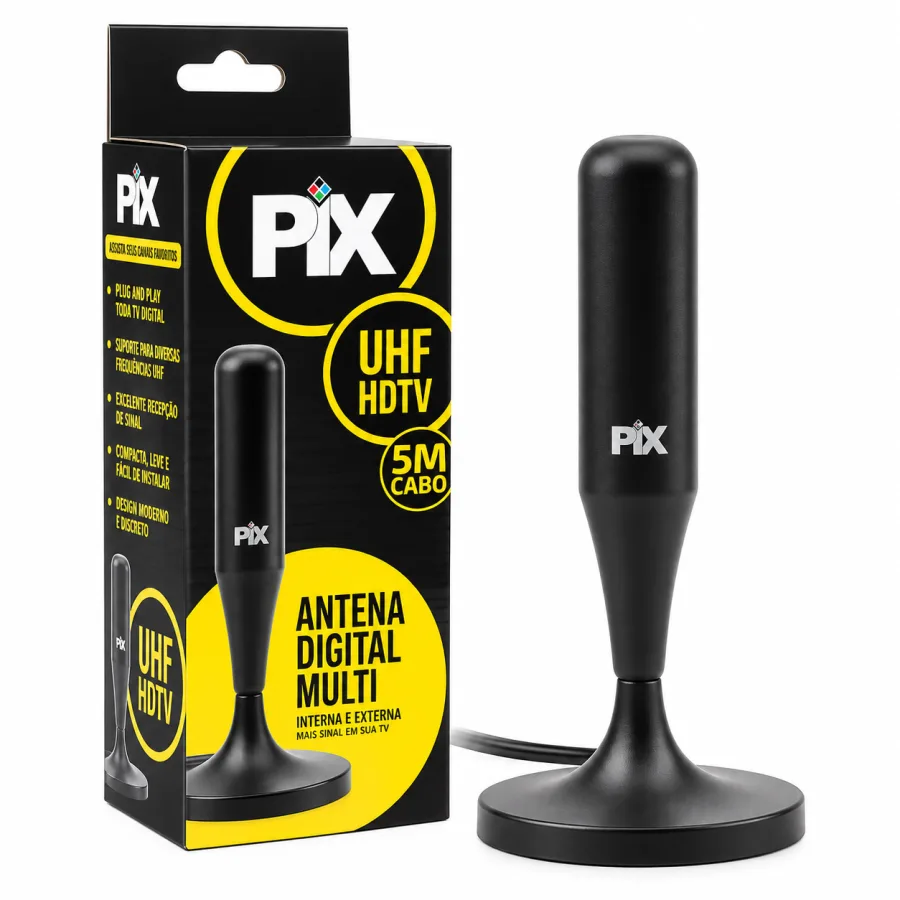 Antena Digital PIX 008-9500 Interna e Externa, Base com Ímã, Cabo de 5 Metros, UHF e VHF, HDTV, Plug 90 Graus