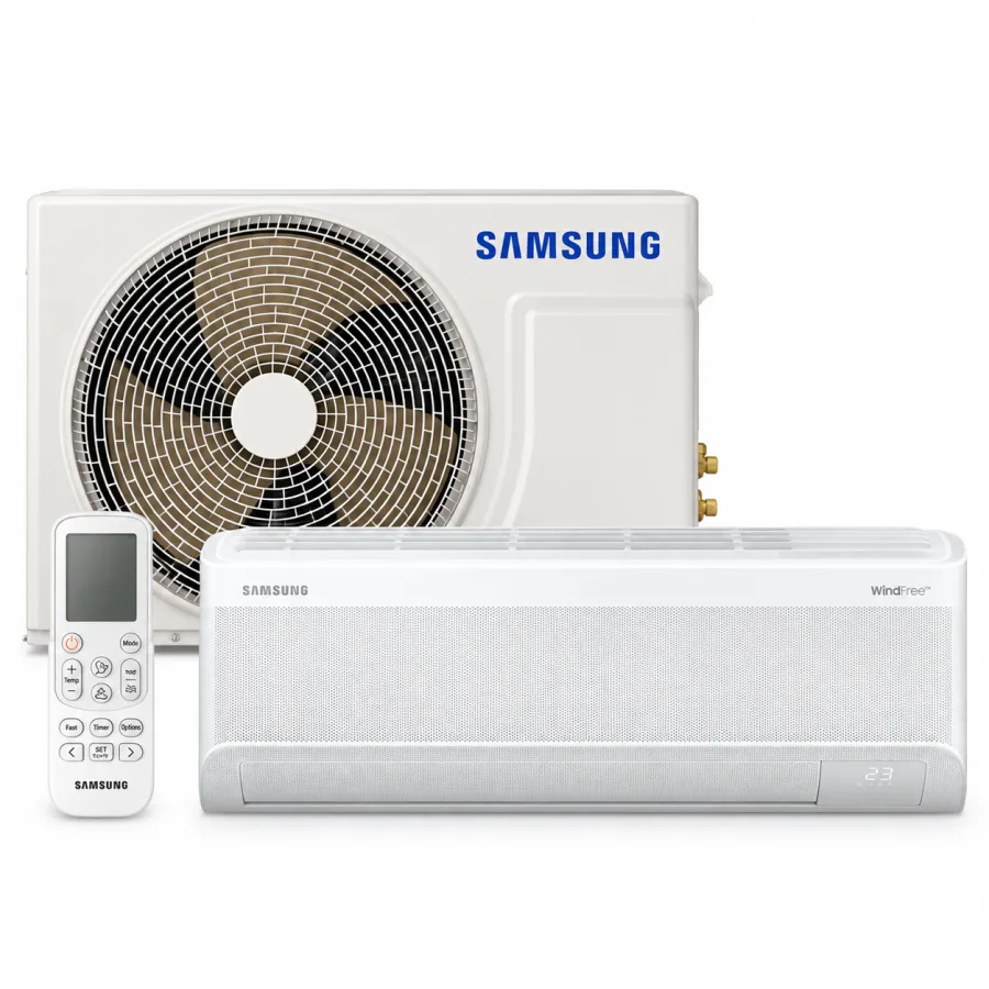 Conjunto completo do ar-condicionado Samsung WindFree AI 12.000 BTUs com evaporadora, condensadora e controle remoto