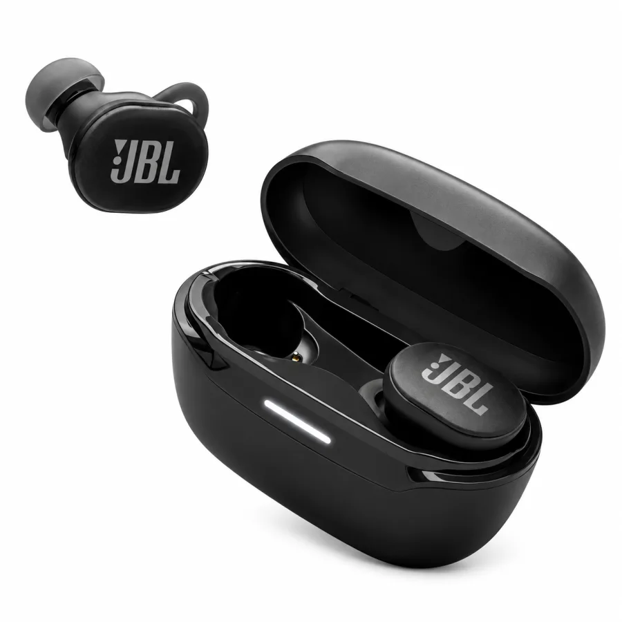 Fone JBL Endurance Race 2 preto com o estojo aberto e um fone ao lado