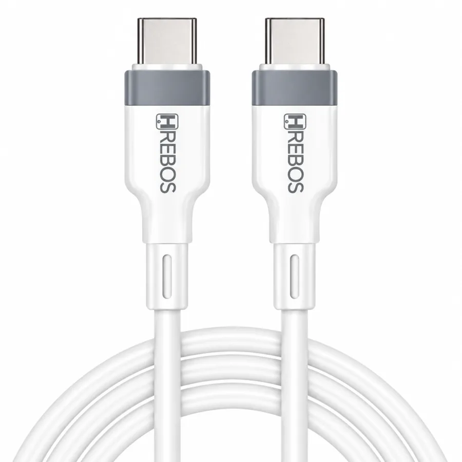 Cabo USB-C para USB-C Hrebos Elegant White CB-364C 2 Metros 60W Carregamento Turbo e Transferência de Dados Branco