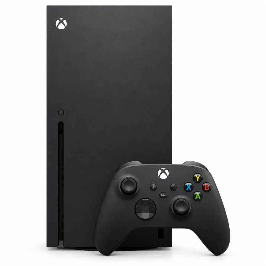Console Xbox Series X preto em pé com o controle sem fio ao lado