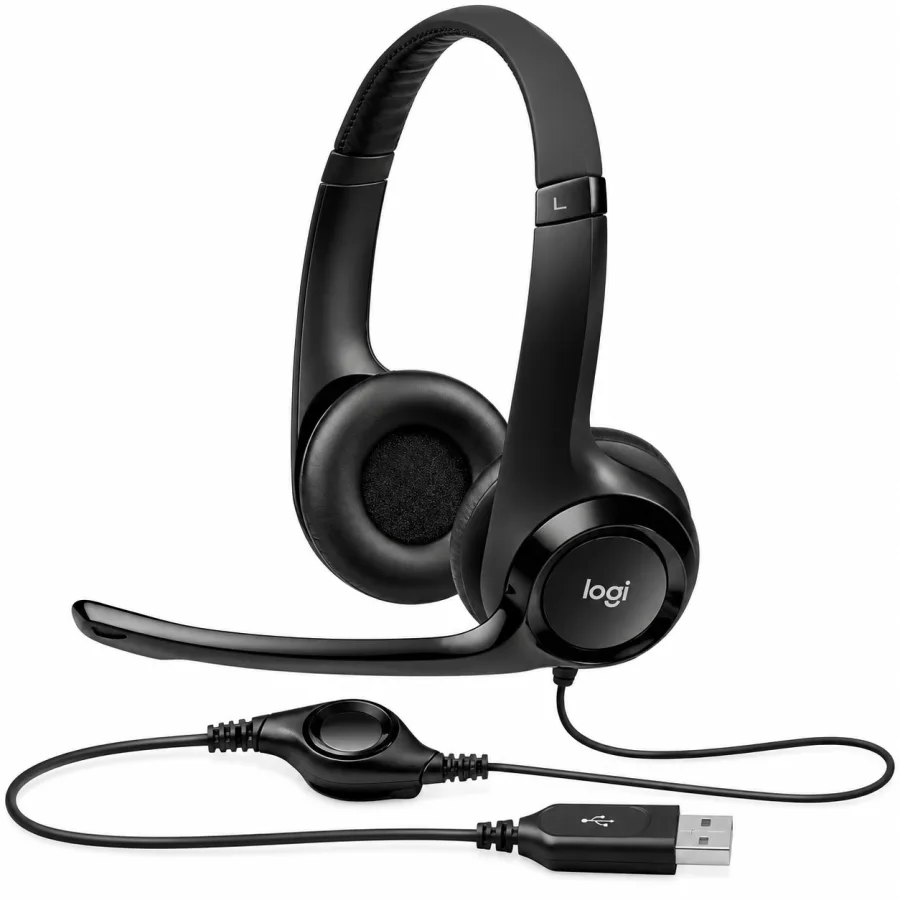 Headset Logitech H390 USB-A com Microfone de Cancelamento de Ruído Controles no Cabo Drivers de 30mm Almofadas Giratórias Preto 981-000014