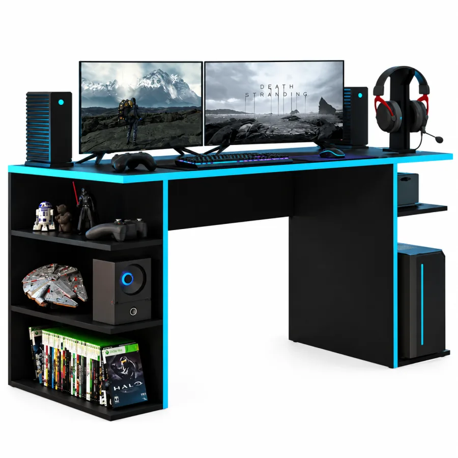 Mesa gamer Madesa 9409 preta e azul com prateleiras e nicho