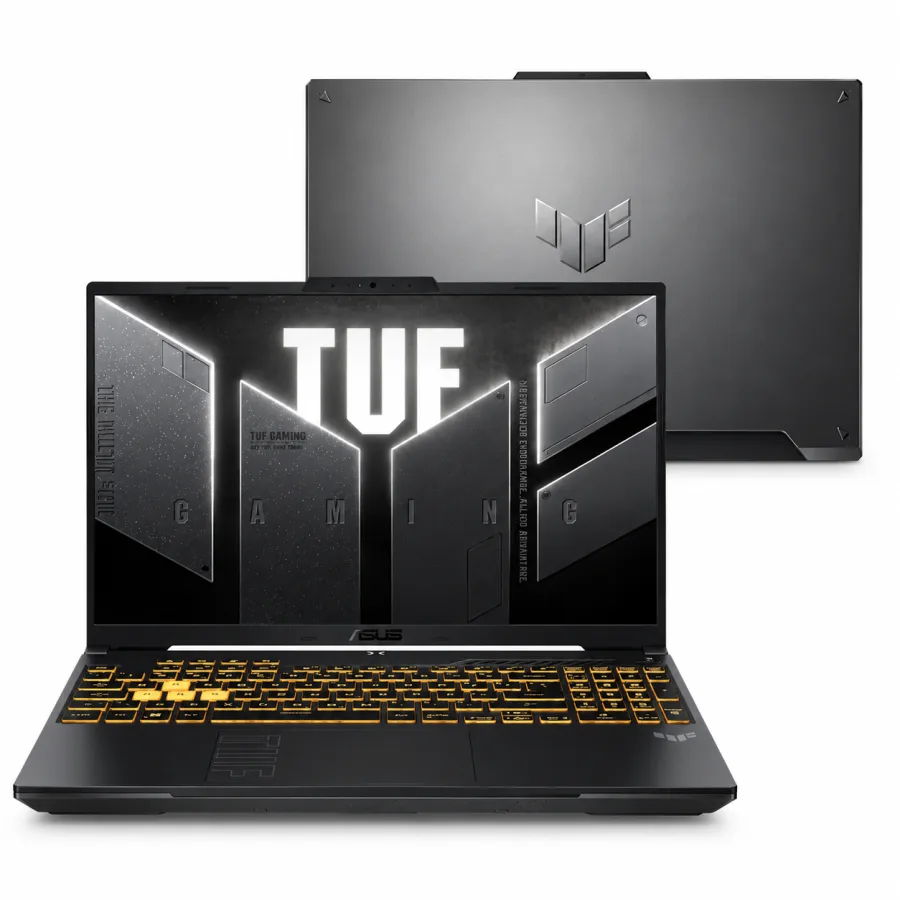 Notebook gamer Asus TUF Gaming F16 cinza aberto e a tampa com o logotipo TUF