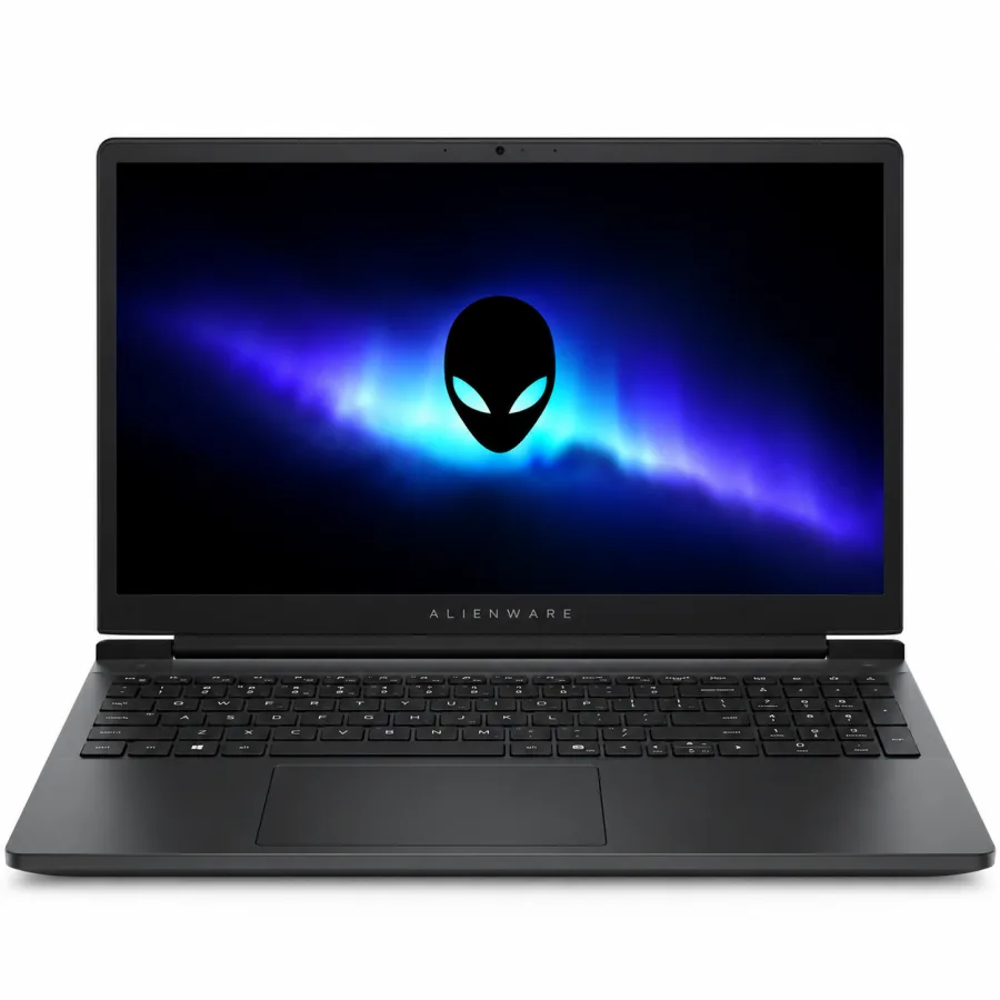 Notebook gamer Dell Alienware 15 preto aberto, visto de frente