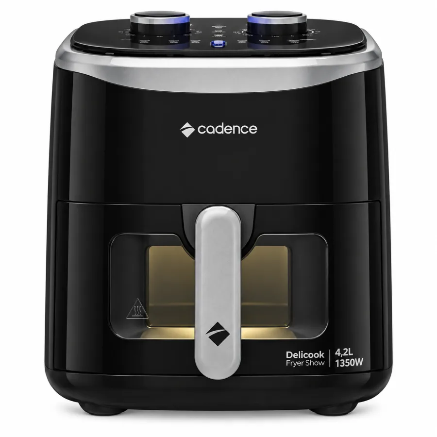 Fritadeira Elétrica Sem Óleo Air Fryer Cadence Delicook Fryer Show 4,2L 1350W Visor Transparente com Iluminação Grelha Easy Clean Preta FRT430