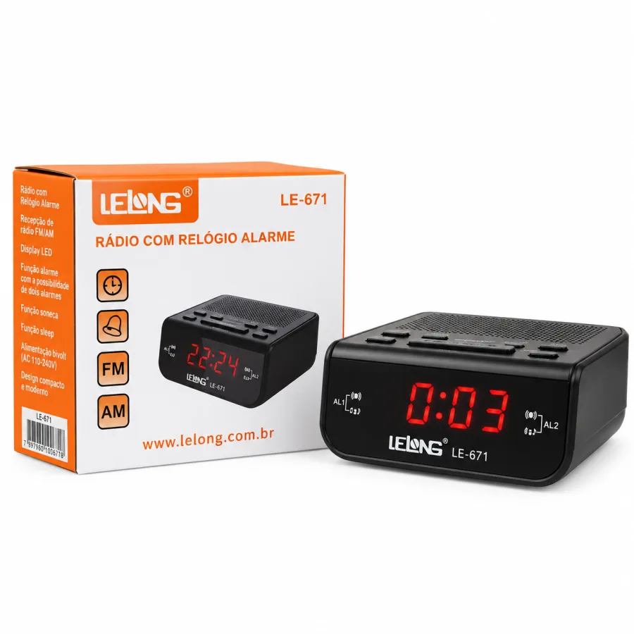 Radio Relogio Lelong LE-671, Despertador com Alarme Duplo, Radio AM e FM, Visor Grande, Bivolt, Preto