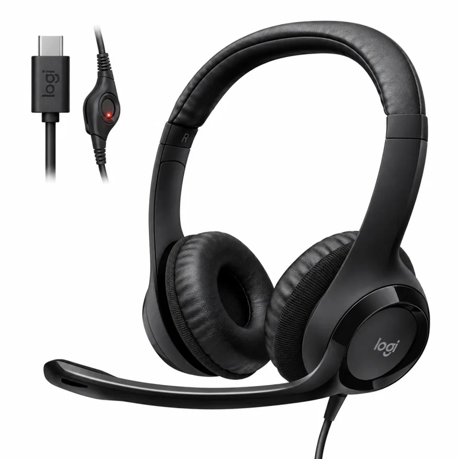 Headset Logitech H390 USB-C com Microfone de Cancelamento de Ruído Controles no Cabo Driver de 30mm Plástico Reciclado Preto 981-001575