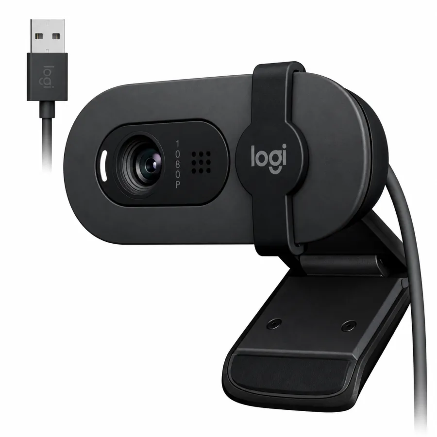 Webcam Logitech Brio 100 Full HD 1080p 30 fps de 2 MP Foco Fixo Lente de Vidro Antirreflexo RightLight 2 Microfone e Tampa de Privacidade Grafite