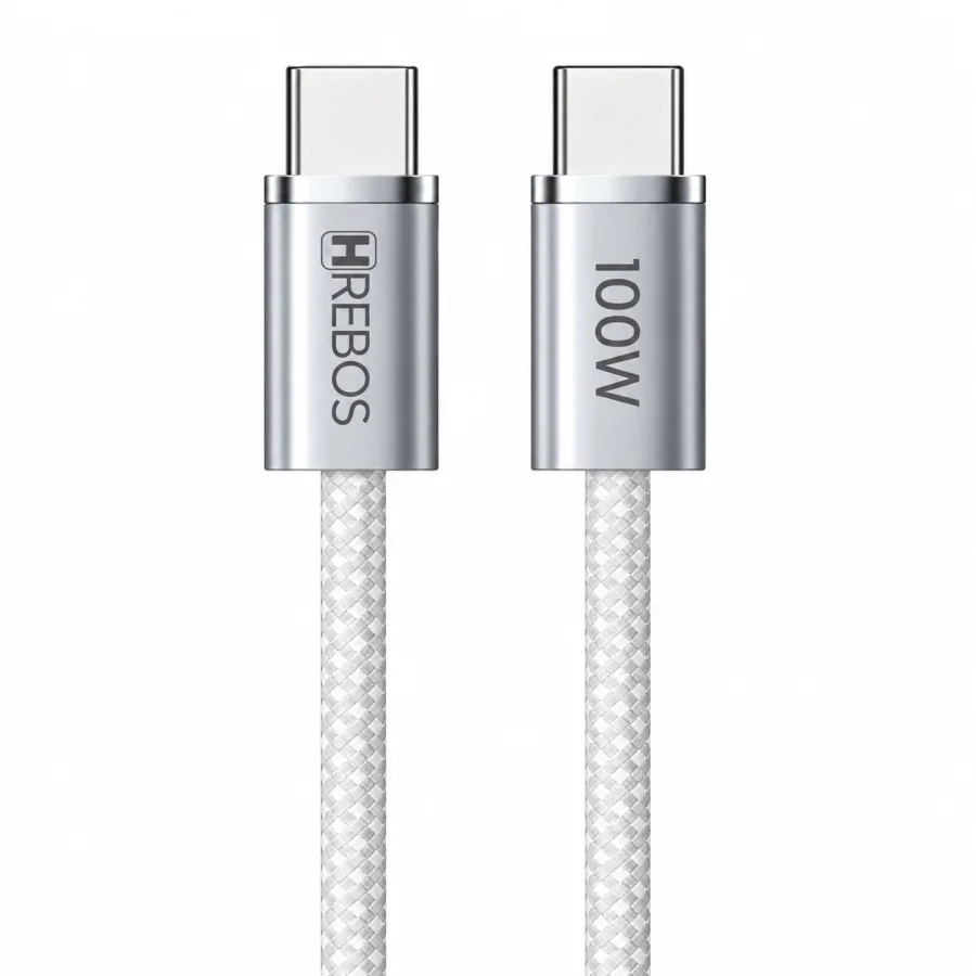 Cabo USB-C para USB-C Hrebos NeoBraided 1 Metro 100W Nylon Trançado Carregamento Turbo e Transferência de Dados Branco