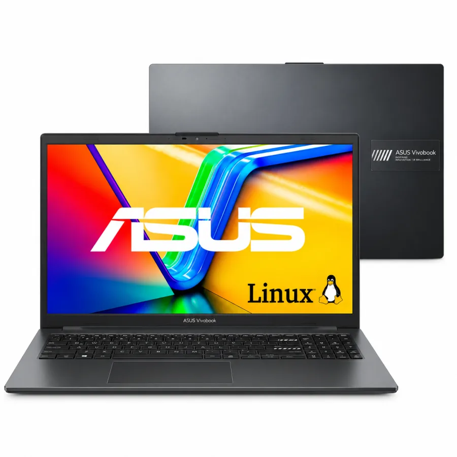 Notebook Asus Vivobook Go 15 preto aberto com o sistema Linux e a tampa fechada ao fundo