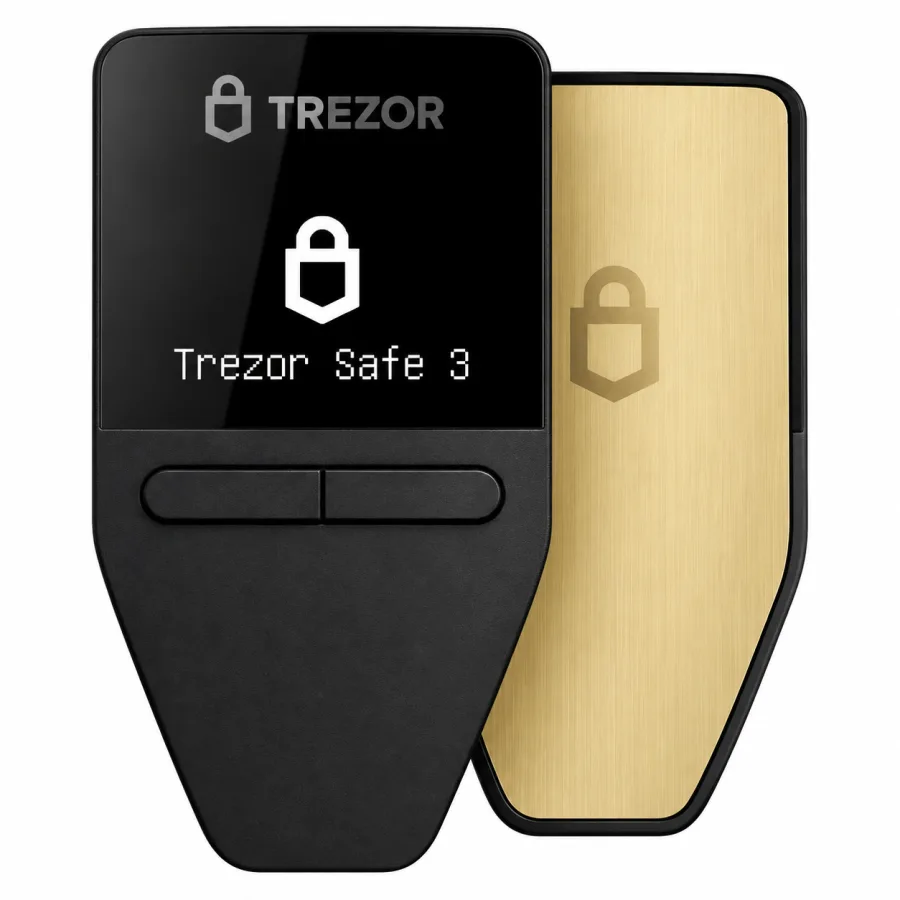 Carteira Hardware de Criptomoedas Trezor Safe 3 Solar Gold USB-C Tela OLED Secure Element EAL6+ Backup Shamir e Passphrase