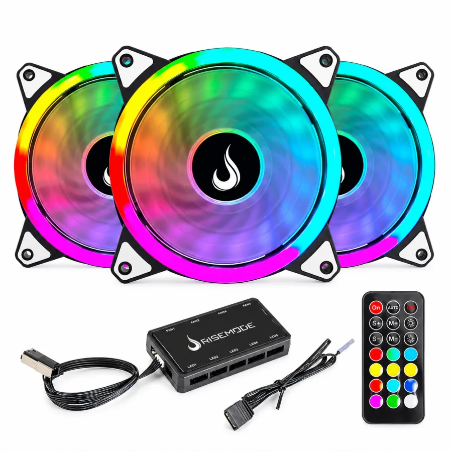 Kit 3 Ventoinhas Rise Mode Energy 120mm ARGB para Gabinete 1650 RPM 50 CFM com Controle Remoto Preto FN-02-RGB-5V