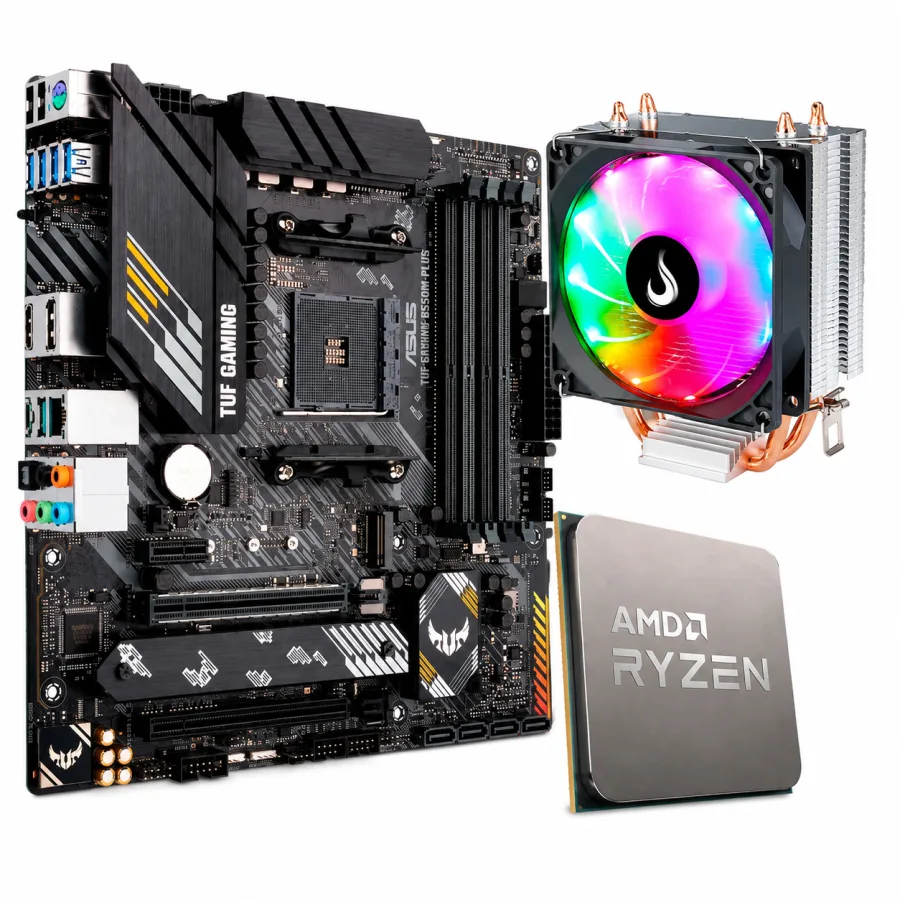Kit Upgrade Gamer AMD Ryzen 7 5700X 8 Núcleos + Placa-Mãe ASUS TUF Gaming B550M-Plus mATX DDR4 + Air Cooler Rise Mode Z5
