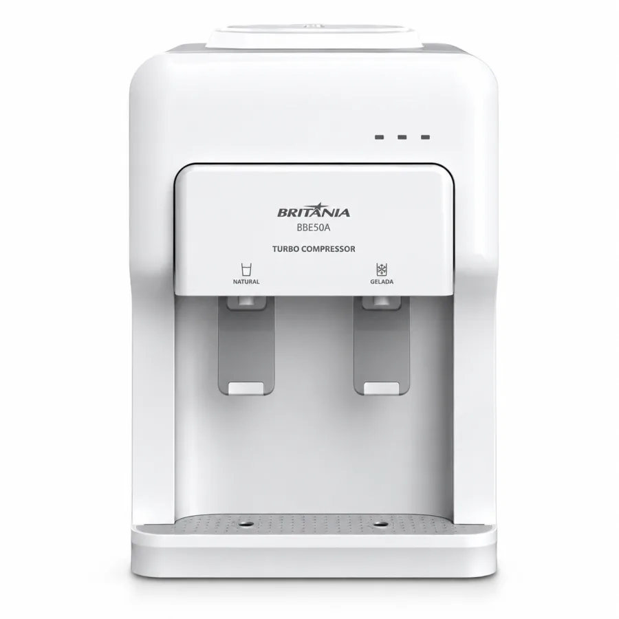 Bebedouro de Mesa Britânia 20L Branco Turbo Compressor Água Natural e Gelada Nano Segura Easy Clean Gás R600a BBE50A