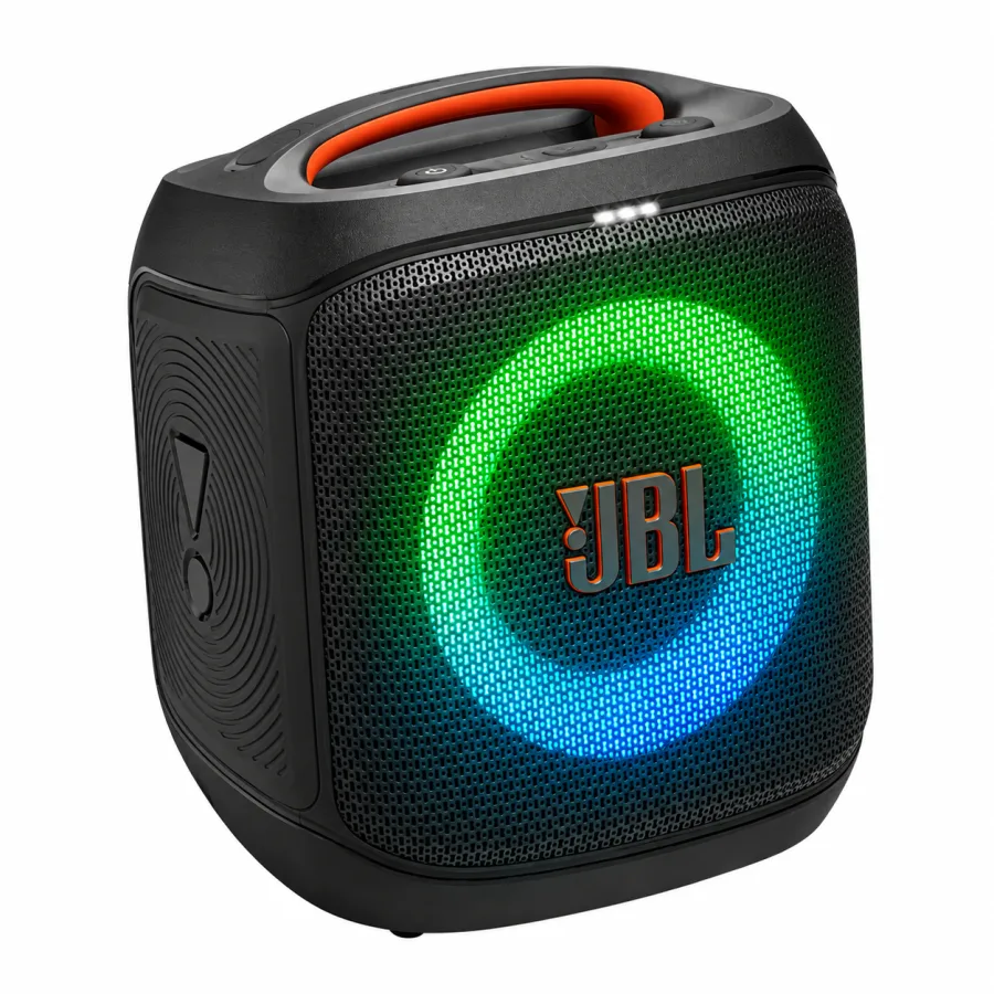 Caixa de som JBL PartyBox Encore Essential 2 de frente com o anel de luzes RGB aceso