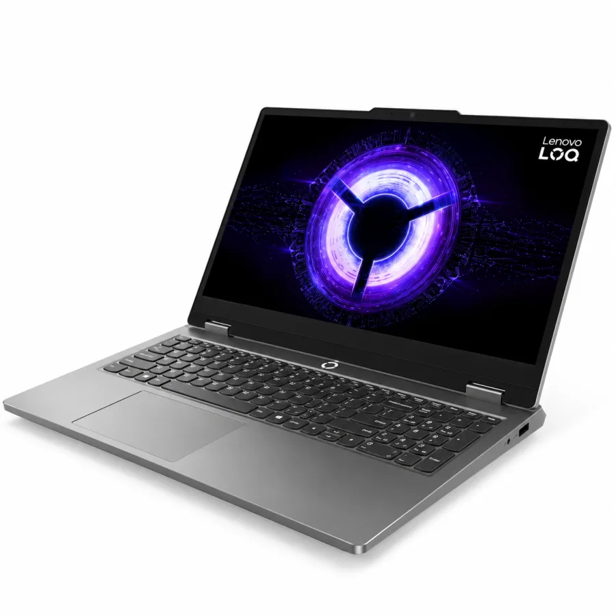 Notebook gamer Lenovo LOQ Essential cinza aberto, visto de frente em ângulo