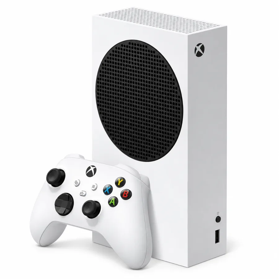 Console Xbox Series S branco em pé com o controle sem fio ao lado