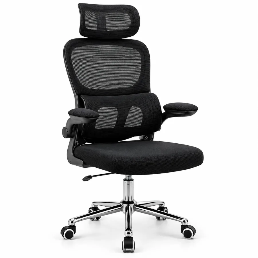 Cadeira de Escritório Diretor Atenas Ergonômica Tela Mesh com Apoio de Cabeça, Suporte Lombar 3D e Braços Rebatíveis, Preta