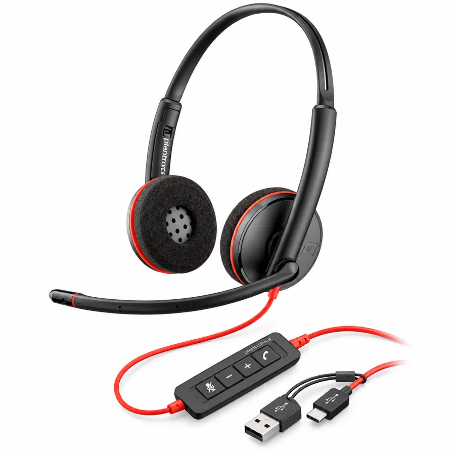 Headset Poly Blackwire 3220 Stereo USB-C com Adaptador USB-A Microfone com Cancelamento de Ruído Controles no Cabo Proteção SoundGuard Preto
