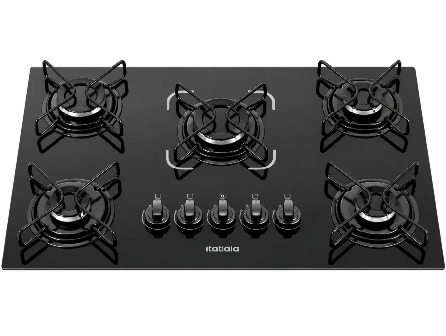 Cooktop a Gás Itatiaia Essencial 5 Bocas Preto Bivolt Mesa de Vidro Temperado Acendimento Superautomático 73cm