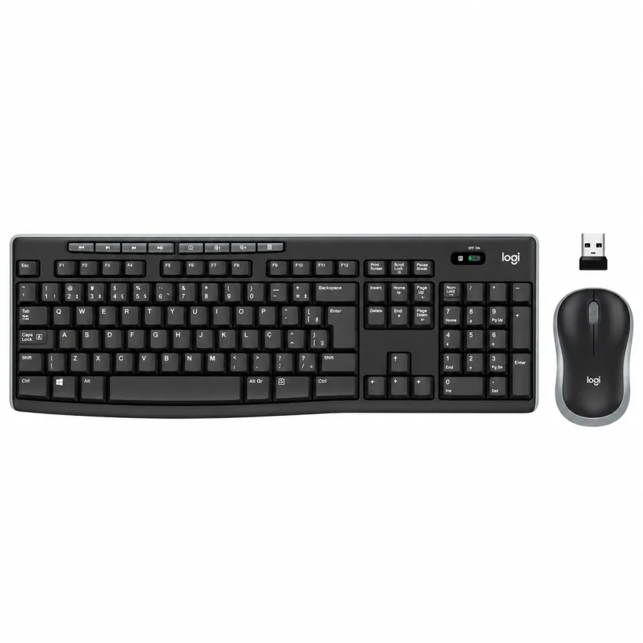 Kit Teclado e Mouse Sem Fio Logitech MK270 ABNT2 Full Size 8 Teclas de Atalho Mouse de 1000 DPI Receptor USB 2.4 GHz Alcance de 10 m Preto