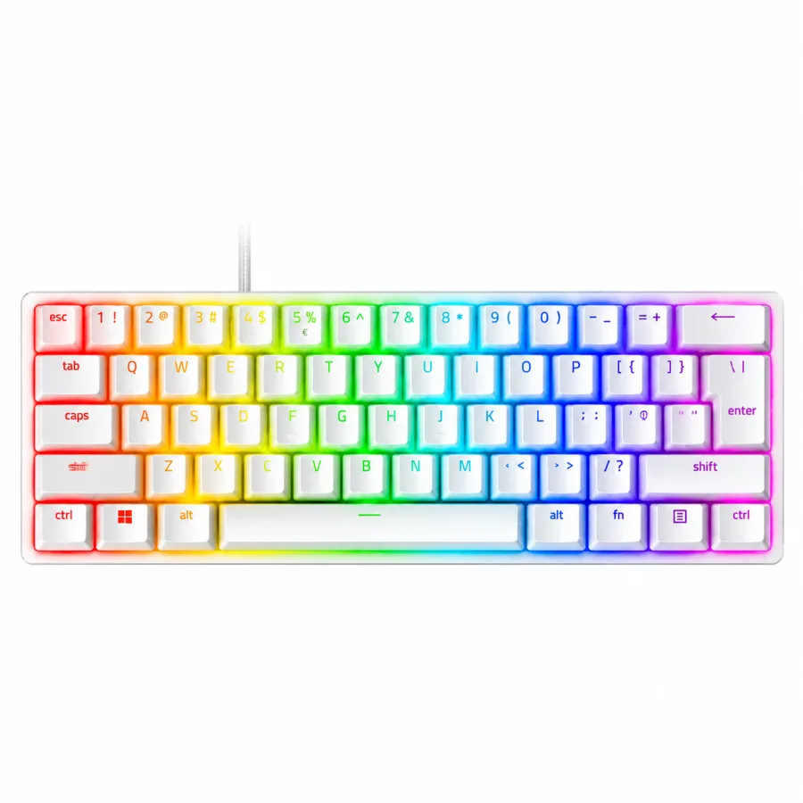 Teclado Gamer Óptico Razer Huntsman Mini 60% Layout US Switch Clicky Roxo de 45 g Chroma RGB Keycaps PBT Doubleshot e Cabo USB-C Mercury Branco