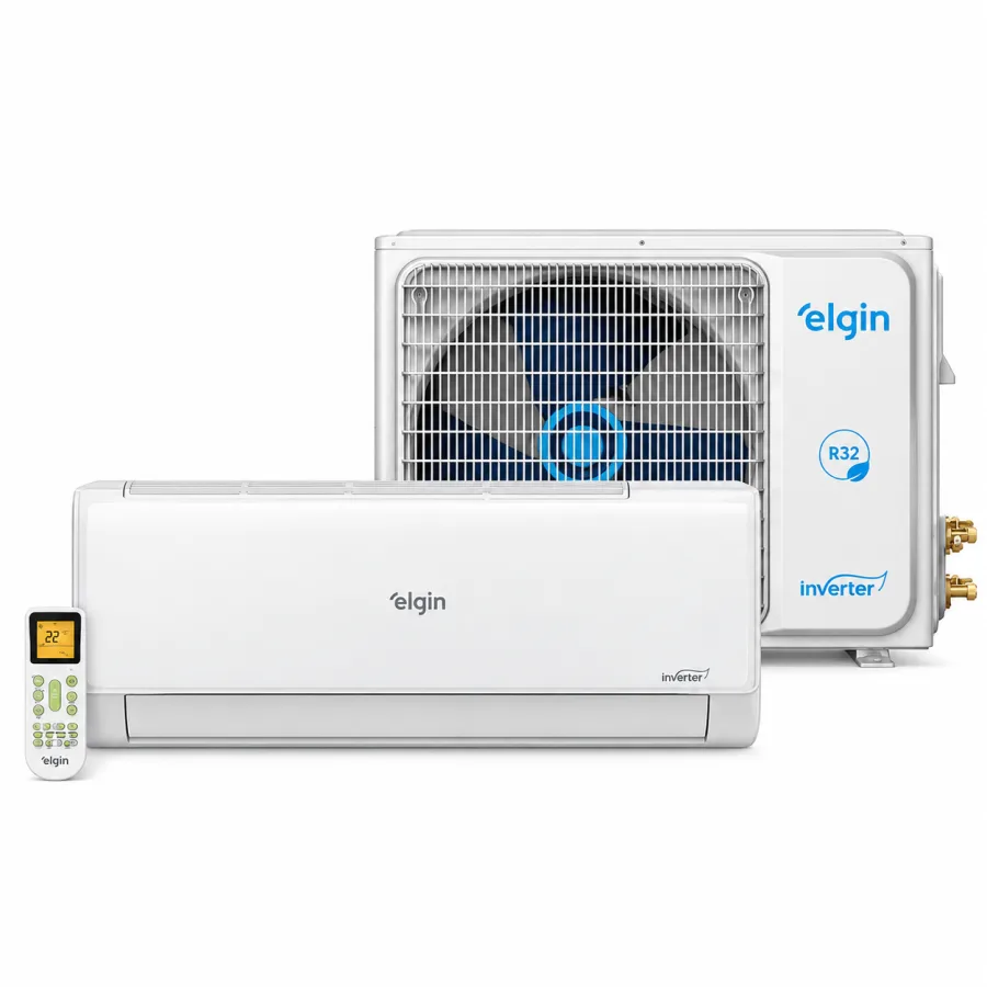 Conjunto completo do ar-condicionado Elgin Eco Inverter II 12.000 BTUs com evaporadora, condensadora e controle remoto