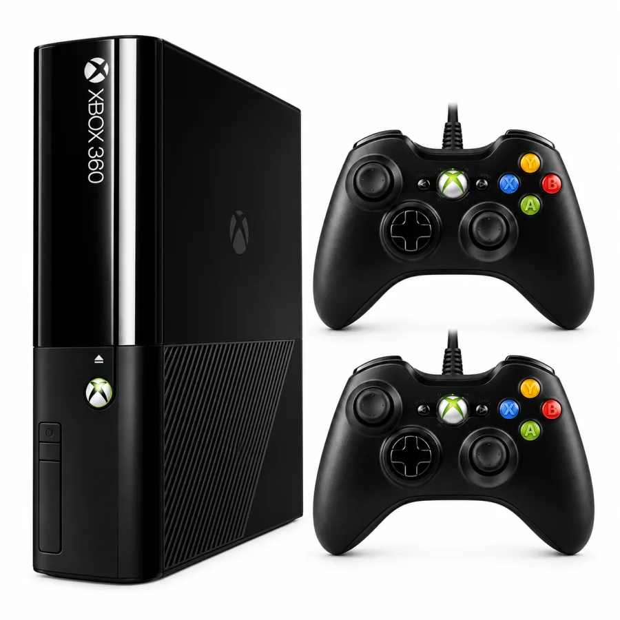 Console Xbox 360 E 120GB preto com dois controles com fio