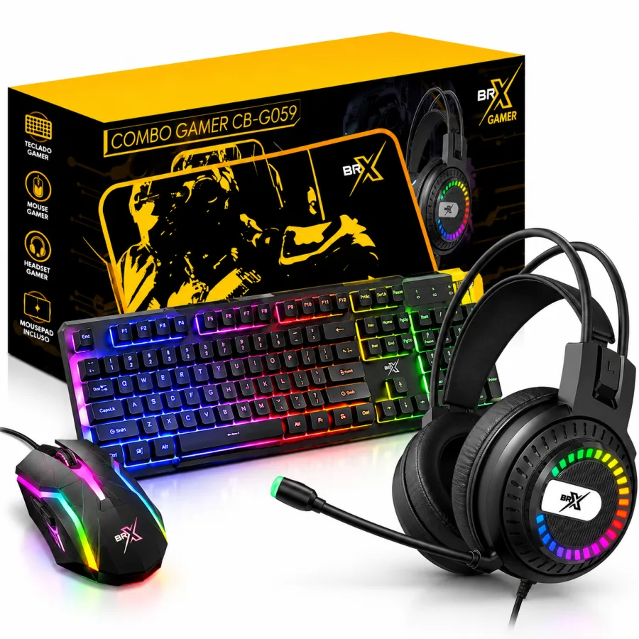 Kit Gamer BRX 4 em 1 CB-G059 Teclado de Membrana 107 Teclas Mouse 1200 DPI Headset com Drivers de 40mm e Mousepad Preto