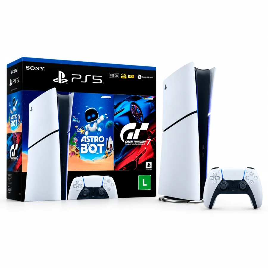 Console PlayStation 5 Edição Digital branco em pé ao lado do controle DualSense e da caixa