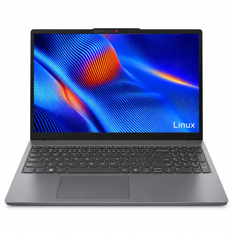 Notebook Lenovo IdeaPad Slim 3i cinza aberto, visto de frente com Linux na tela